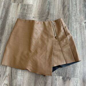 Brown Faux Leather Skort Wrap Style Zip Detail Size Small